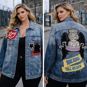 Vintage '90s Streetwear Denim Jacket Blue Patch Patches Angel Thrasher 2x